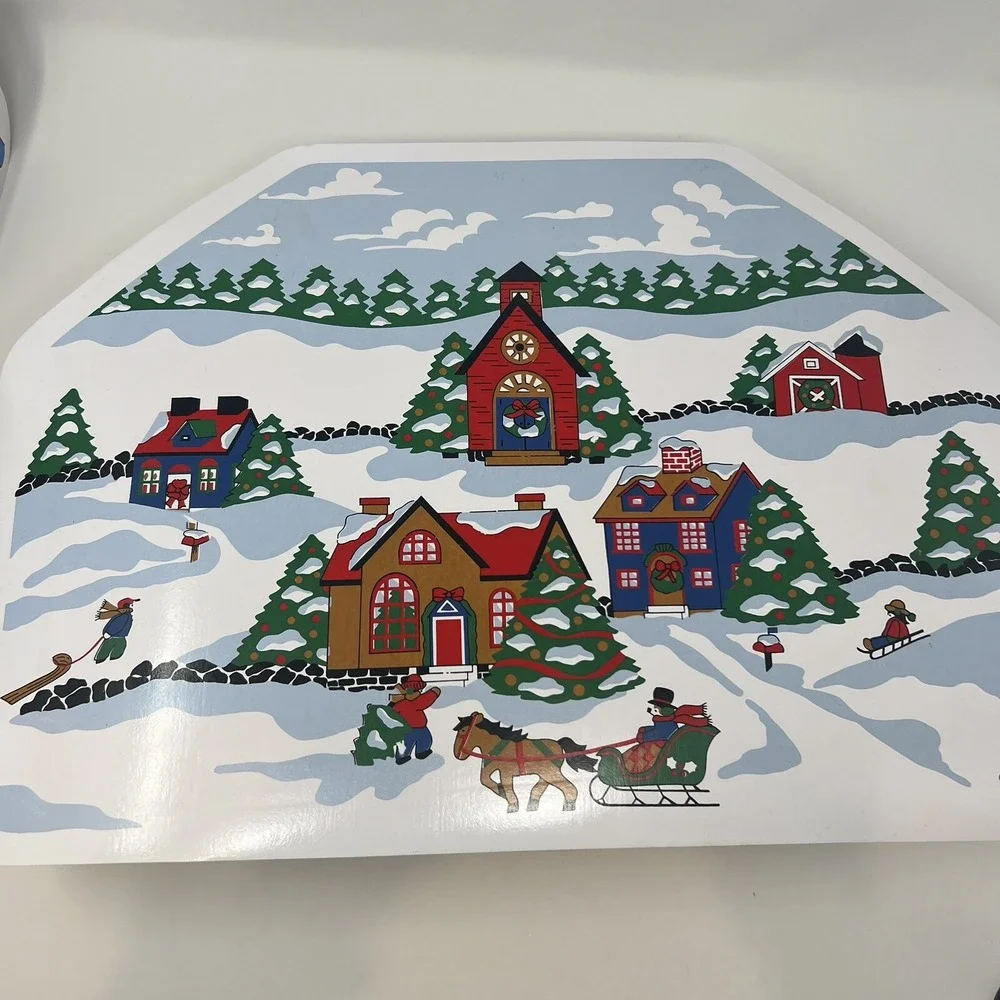 Vintage Lot 5 Vinyl Christmas Placemats Holiday Houses Trees Sledding Train 1989 - Picture 2 of 7